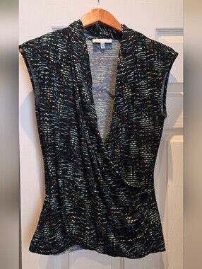 Chaus Black Sleeveless Draped Faux Wrap V-Neck Top with Mukti-Colored Accents